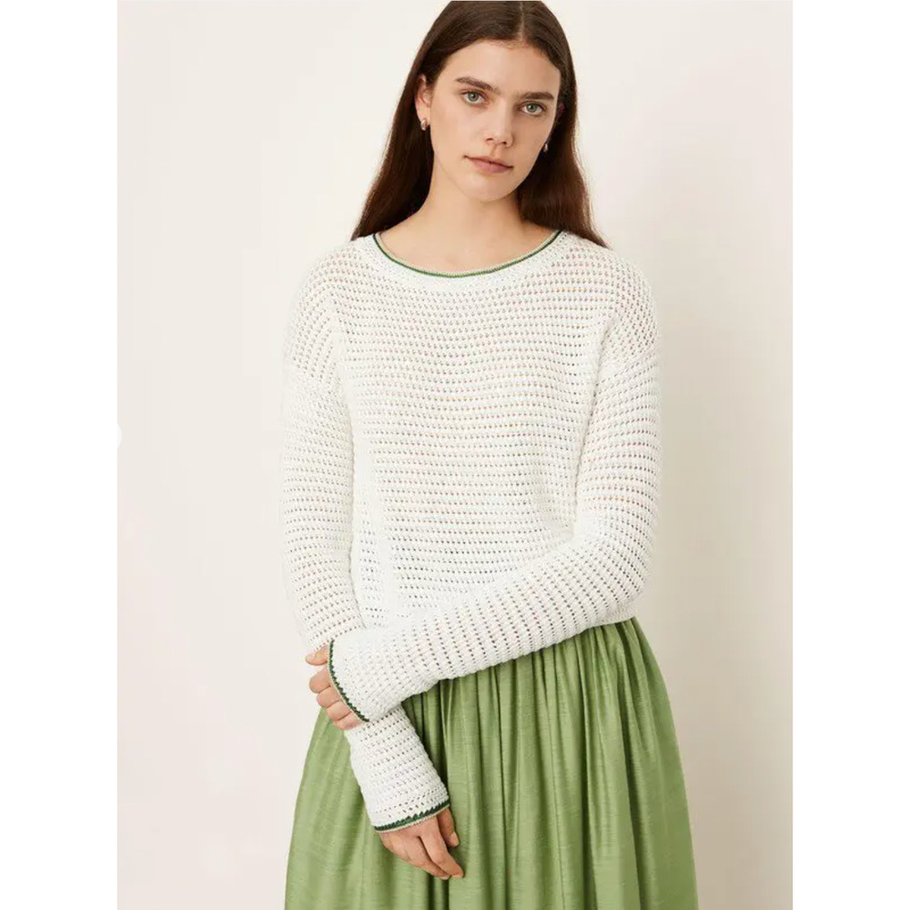 Vince Sweater Small White Crochet Contrast Tipping Crew Knit Classic Preppy